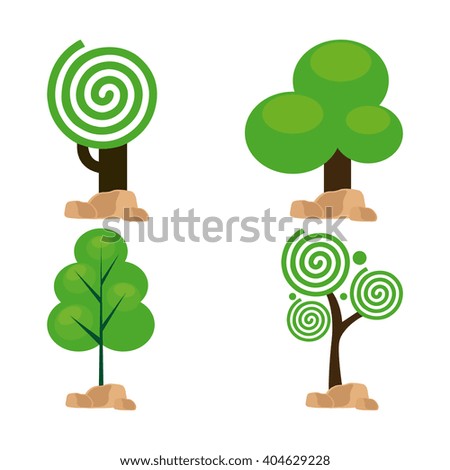 Set of green abstract trees on a white background