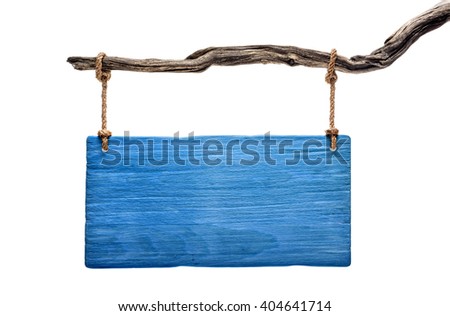 blue wooden signboard hanged on a dead branch. greek islands