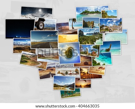 Collage of travel photos located in shape of heart