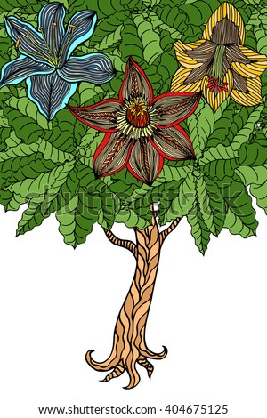 Tree with leaves and flowers. art illustration
