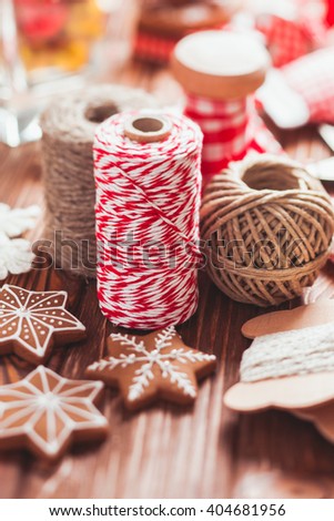 Christmas gift decorations - red and rustic ropes and gingerbread