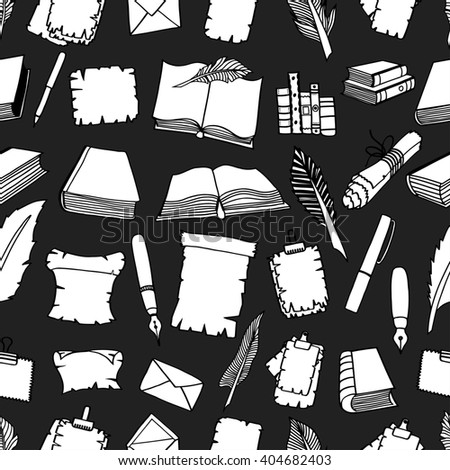 Seamless Hand Drawn Illustrations Pattern of Big Set Books and pen. Doodle art illustration isolated on black background.