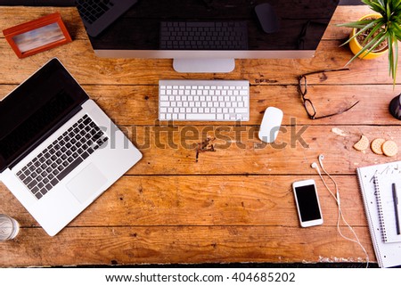 Desk, gadgets and office supplies. Flat lay. Copy space