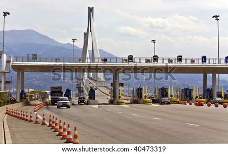 Toll posts just before the entrance to the Rio-Antirion cable bridge at Patra, Greece