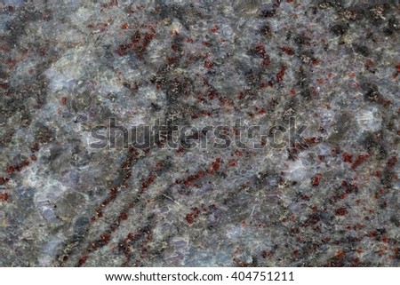 Macro photo of the surface of a gneiss rock containing with red minerals.