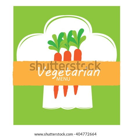 Colored background with text, a silhouette of a chef hat and a group of carrots