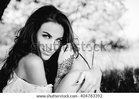 Black and white photography of spring summer woman outdoors background