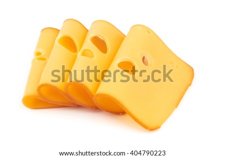 Slices of smoked cheese on white background