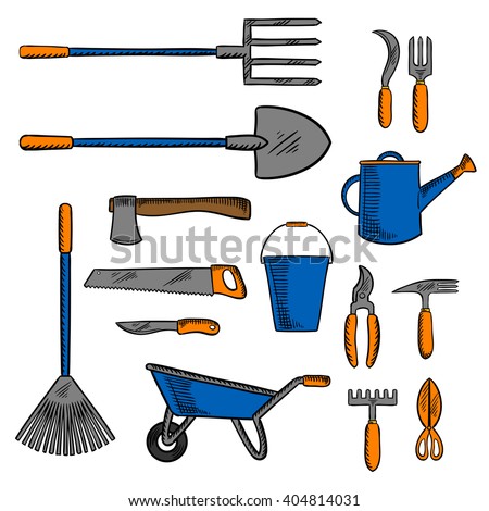 Garden tools for gardening and agriculture design with colored sketches of shovel, pitchfork, axe, saw, knife, watering can, wheelbarrow, bucket, rake, cultivators, shears, scissors and sickle