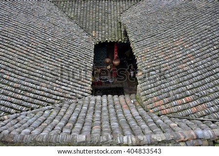 The Qin clan ancient village in Guangxi province in China. The look through the roofs.