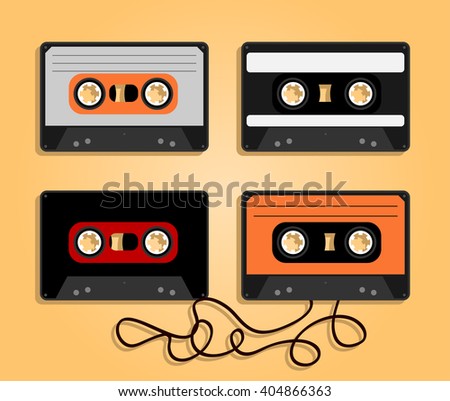 Old fashioned flat lay audio tapes in different types / designs. HiFi vintage old school sound tape. Vector illustration.