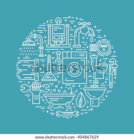 Conceptual illustration with different plumbing symbols isolated on background. Vector plumbing poster. Plumbing service concept.