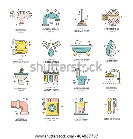 Collection of line style plumbing icons. House repair services.