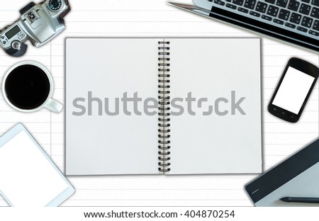 Top view of open leather book and office mockup, technology equipment mockup, flat lay