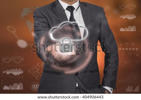 Businessman holding icon with protect cloud information data concept. Security and safety of cloud computing, hand holding with modern technology and digital layer effect as business strategy concept
