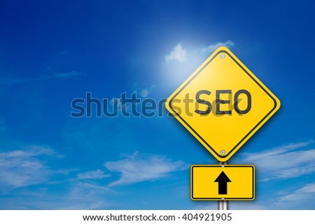 SEO, Search Engine Optimization, Yellow Road Sign on blue Background
