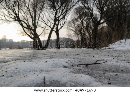 Early morning in the forest. Forest lake covered with ice. The rays of the sun and colorful clouds.Spring landscape.Spring flood. Bottom view on the snow and ice on the river.The thaw in early spring.