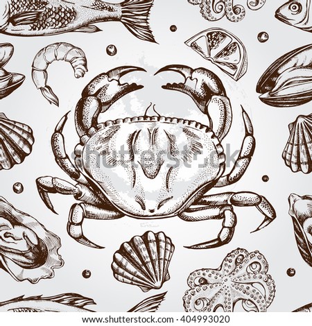 Seamless pattern with hand-drawn seafood - crab, oysters, shrimp, octopus, mussels, scallops, seabass.