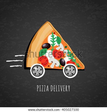 Vector design for pizza delivery, italian restaurant menu, cafe, pizzeria. Pizza with wheels on black chalkboard background. Slice of pizza with tomato, olives, mushrooms. Fast food delivery symbol. 