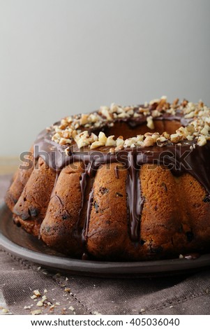 bundt cake with chocolate and nuts, food