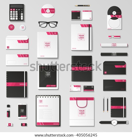 Corporate identity template set. Business stationery mock-up with logo. Branding design. Notebook, card, catalog, pen, pencil, badge,  tablet pc, mobile phone, letterhead. Royalty-Free Stock Photo #405056245
