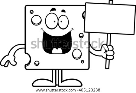 A cartoon illustration of a slice of Swiss cheese holding a sign.