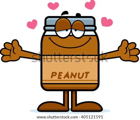 A cartoon illustration of a peanut butter jar ready to give a hug.