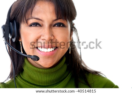 customer support operator woman smiling isolated on white