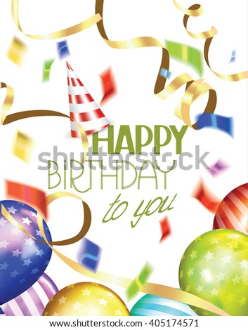Birthday greeting card with air balloons, ticker tape and confetti