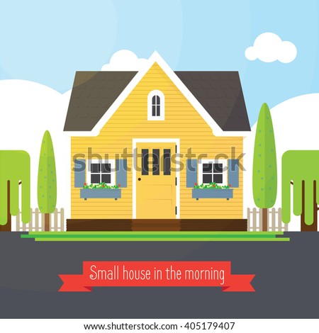 Small house in the morning. illustration of a cute yellow house. Vector house.