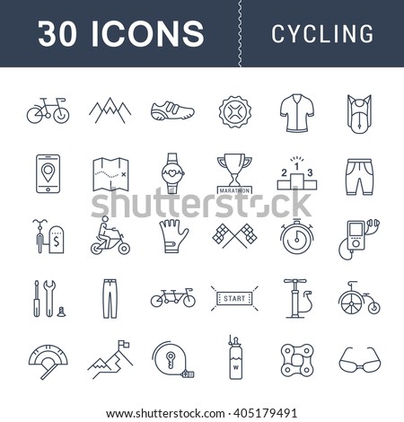 Set vector line icons with open path cycling, bike elements and parts, bicycle sport with elements for mobile concepts and web apps. Collection modern infographic logo and pictogram.