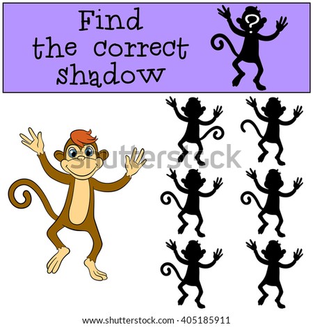 Children games: Find the correct shadow. Little cute monkey runs and smiles.