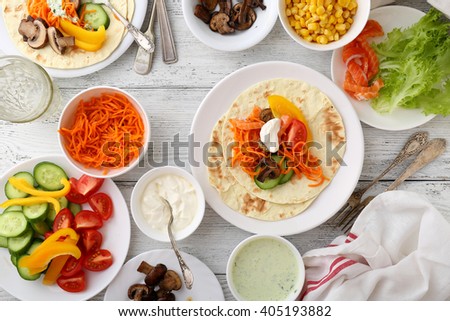 mexican tacos on white table, food background
