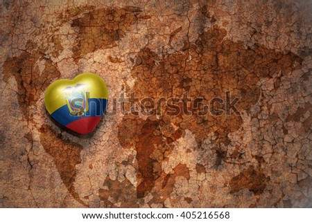heart with national flag of ecuador on a vintage world map crack paper background. concept