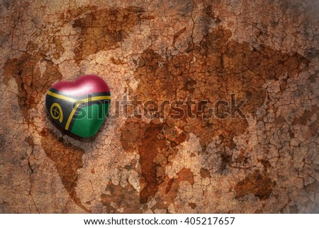 heart with national flag of Vanuatu on a vintage world map crack paper background. concept