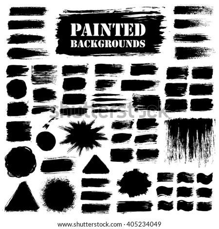Painted grunge strips set. Textured labels, long banners. Burst background, paint distress texture. Brush strokes vector. Triangle, square and round shape. Torn design elements. Black stripes and star