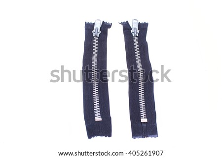 Two black zippers on closing on a white background