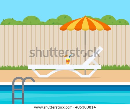 Lounge with umbrella near the pool on house backyard. Flat style vector illustration.