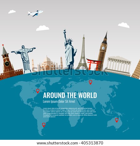 Travel background with famous World Landmarks icons. Vector Illustration