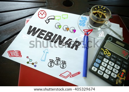 drawing icon cartoon with WEBINAR   concept on paper in the office , business concept , business idea , analysis concept