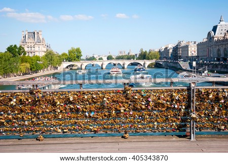 Padlocks on the bridge of Ponts de Arts in Paris, France