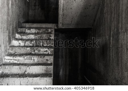 Stair in abandoned building ghost living place, darkness horror and halloween background concept