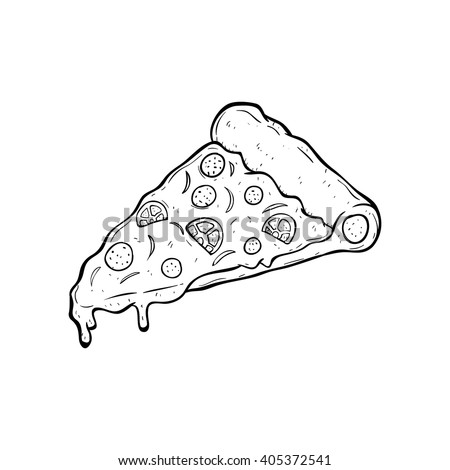 Delicious Pizza Slice With Doodle or Sketchy Style on White Background