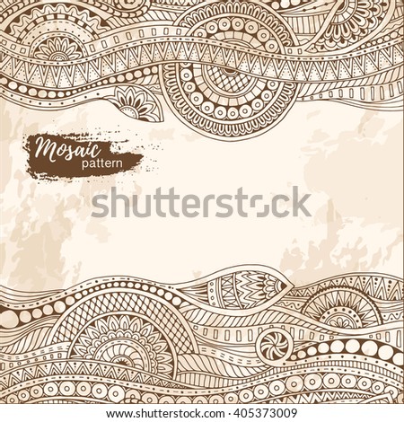 Greeting card with geometric pattern. Template poster with doodle flowers, paisley and mandalas. Vector abstract grunge background for invitations, business documents, cards, flyers and placards.