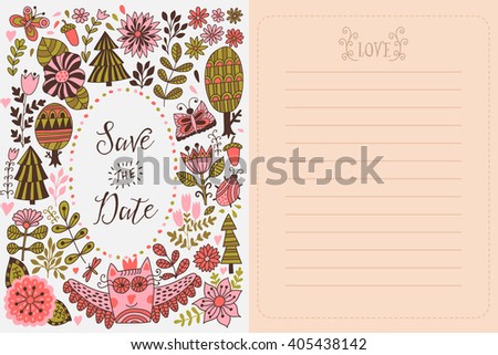 Save the date greeting card. Forest theme. Flowers, trees and owl illustration. Invitation, notebook cover in childish style.