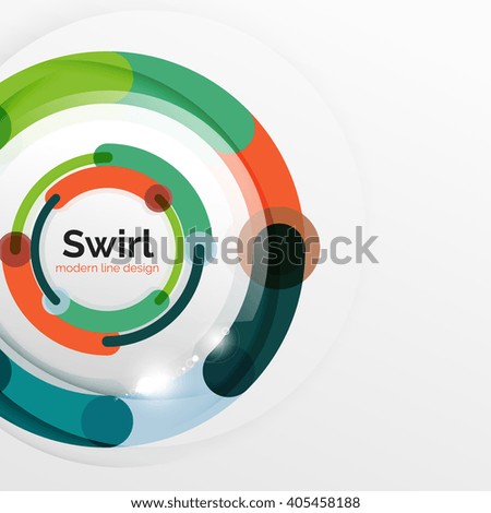 Colorful flat design vector abstract background. Swirl and circle shaped lines on white. Geometrical futuristic template with light effects