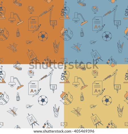School Seamless Pattern. Four Background in Different Colors. Vector. Flat design style