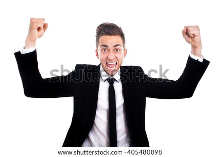 Businessman celebrating success, isolated on white background