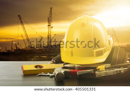 Labor day tools and equipment for work in construction site place. Royalty-Free Stock Photo #405501331