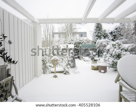 Heavy snow covered the garden in the backyard, winter , Exterior view,  Germany, Europe, December to February